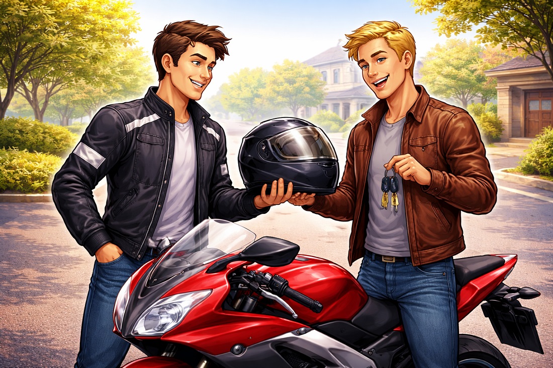 Two friends with a motorcycle, one handing keys to the other, illustrating borrowing and insurance