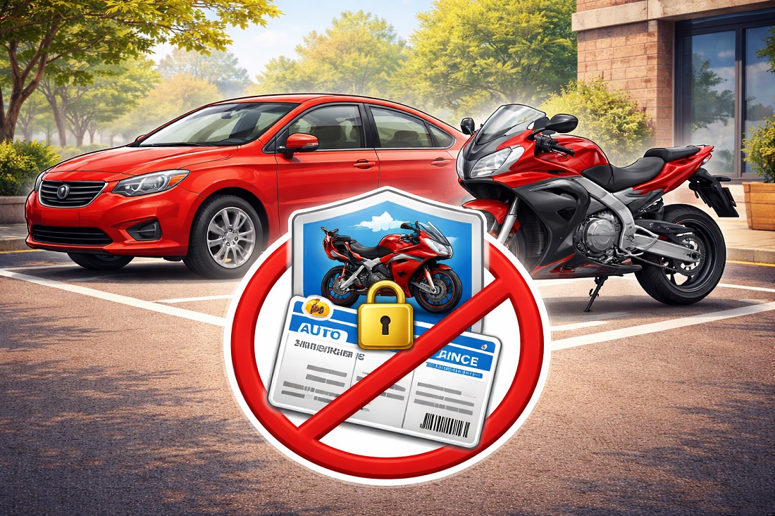 A parked car and motorcycle side by side, indicating that car insurance does not cover motorcycle theft