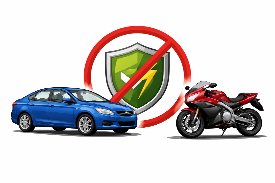 Icons of a car and motorcycle with a crossed-out shield, indicating car insurance doesn’t cover motorcycle accidents