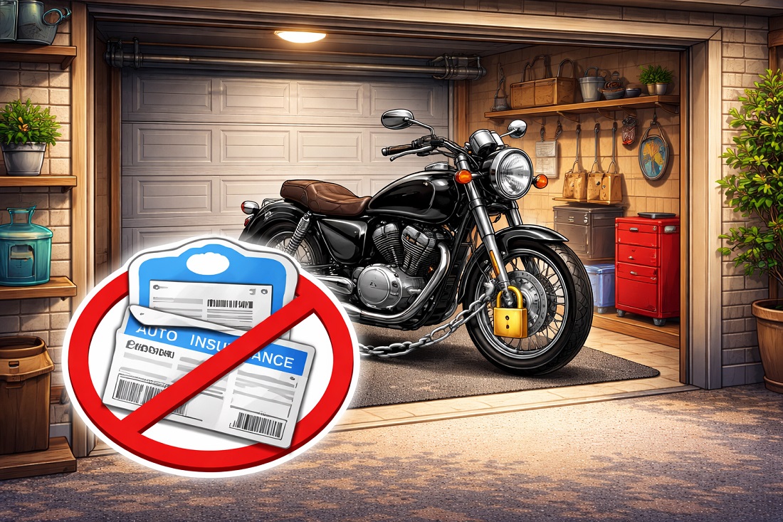 A motorcycle parked inside a home garage, illustrating that homeowners insurance typically excludes motorcycle theft