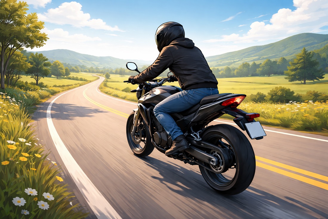 Motorcyclist riding on an open road needing temporary one day motorcycle insurance coverage