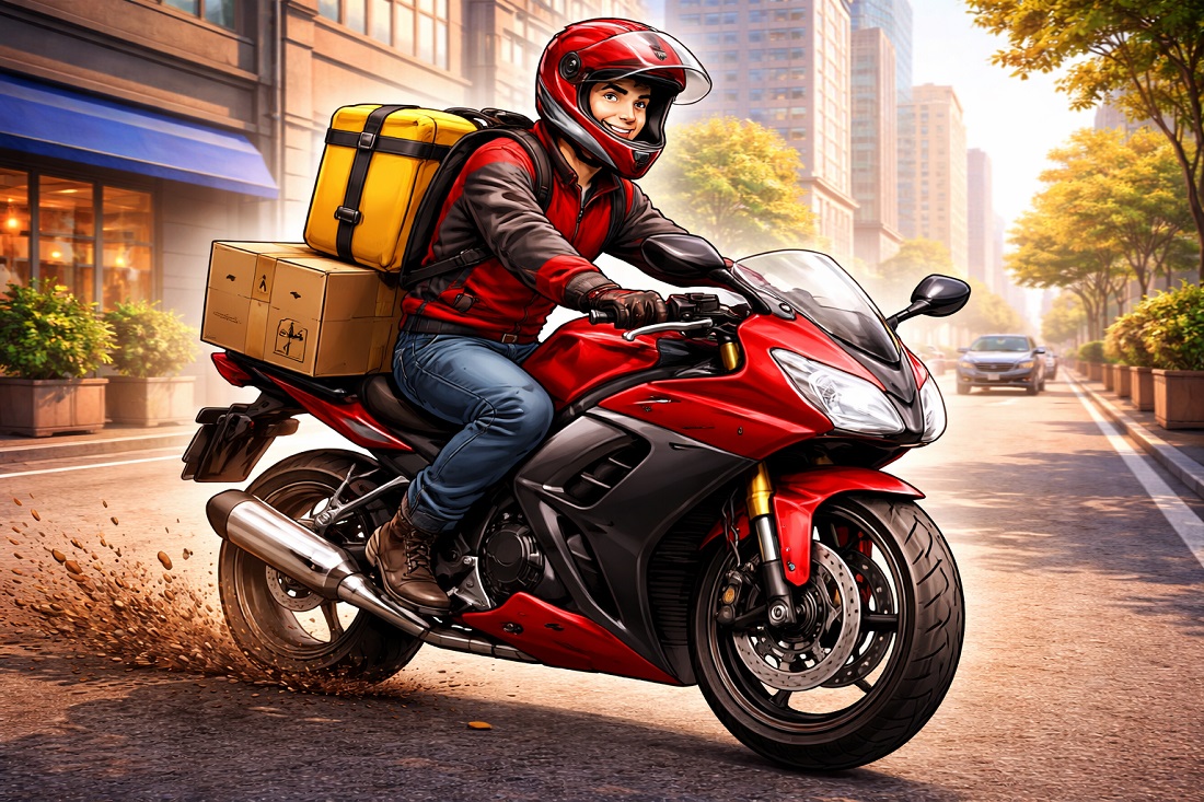 A delivery courier on a motorcycle, illustrating insurance needs for commercial use