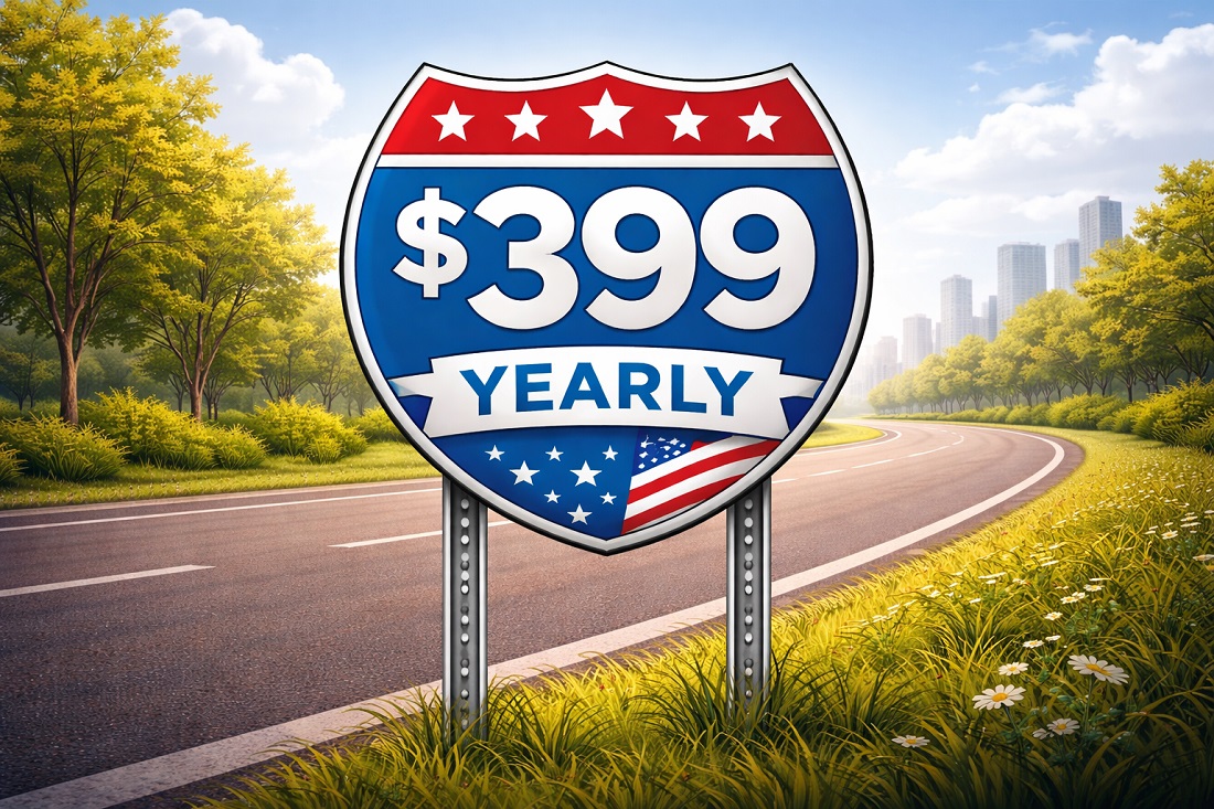 A highway sign showing "$399" and USA colors, indicating average motorcycle insurance cost per year