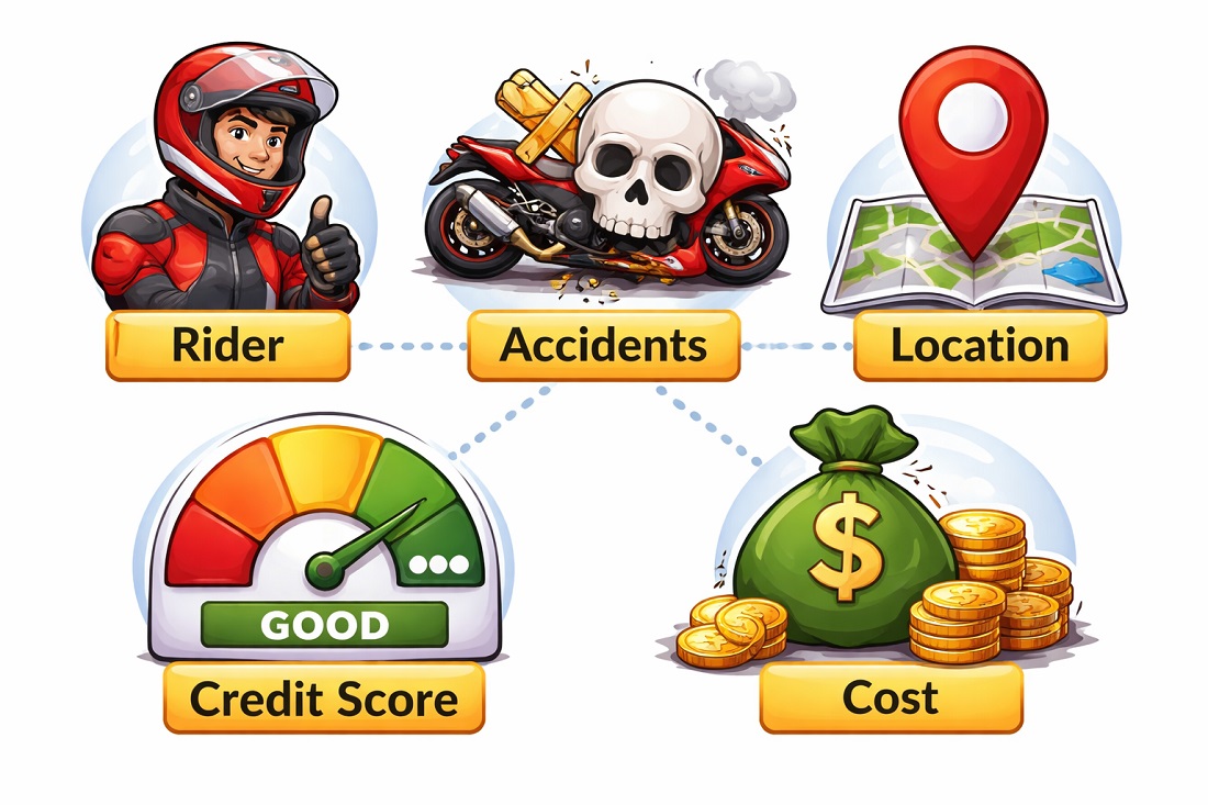 A collage showing icons for age, accident, location, credit score, and cost, representing factors affecting motorcycle insurance quotes