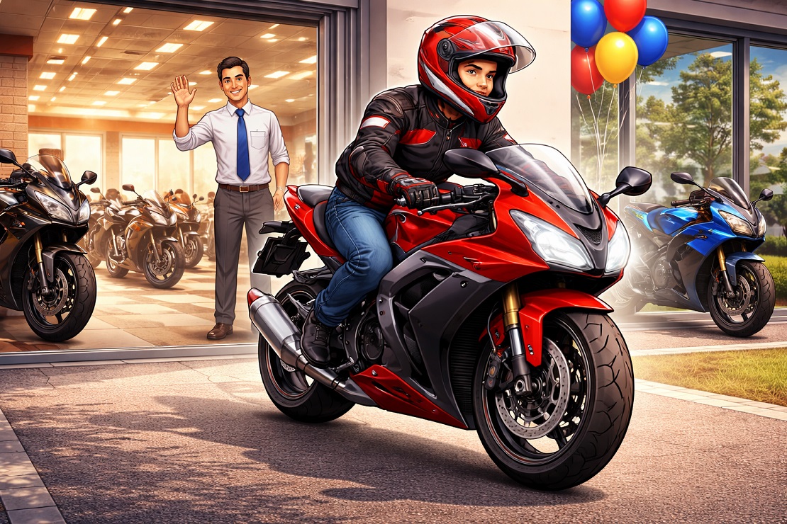 A potential buyer on a test ride at a motorcycle dealership, under a covered area