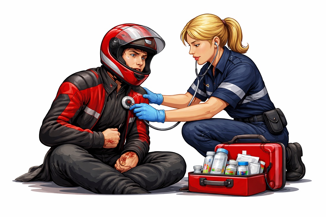 Motorcycle rider being checked by a paramedic, symbolizing personal accident cover