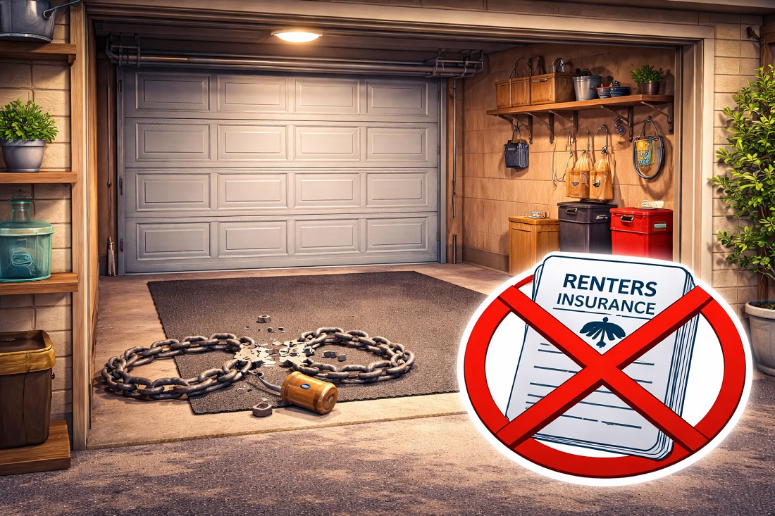 An empty motorcycle parking space with a cut chain, indicating motorcycle theft not covered by renters insurance