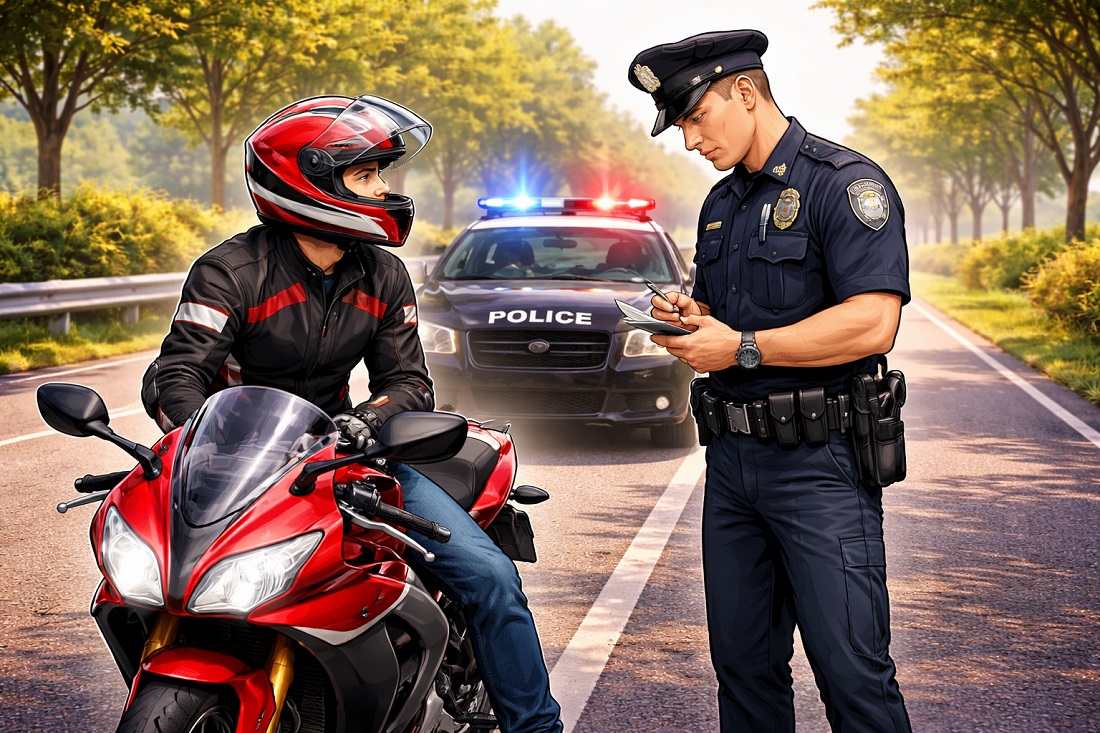 A police officer on the side of the road talking to a motorcyclist, illustrating consequences of no insurance