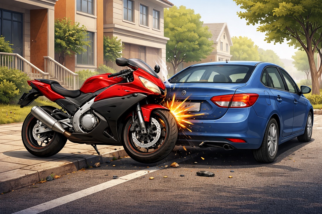 Motorcycle colliding with a car, illustrating third-party liability coverage for damages
