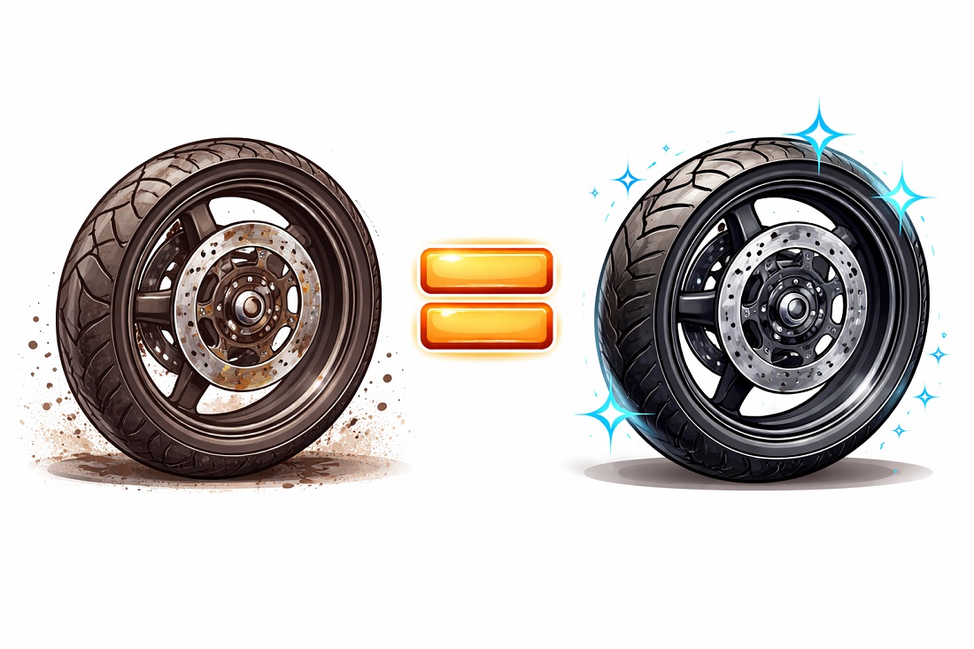 A motorcycle wheel icon showing full replacement, illustrating zero depreciation cover